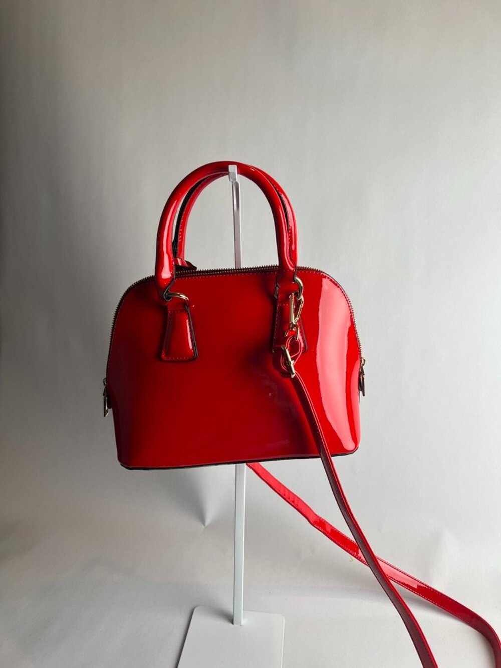 Cherry Red Patent Leather Dome Satchel Crossbody Y2K Glossy Top Handle Bag